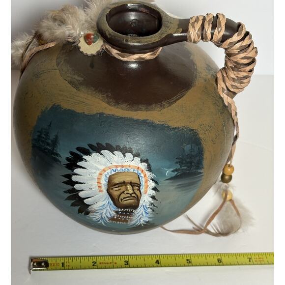 Hand Painted Ceramic Jug Indian Chief Leather Straps Feathers & Beads 7.5"H - Picture 14 of 16